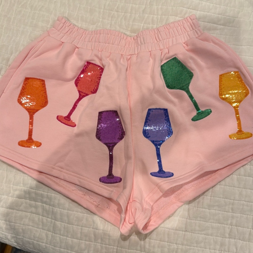 Queen of Sparkles pink shorts - wine glasses